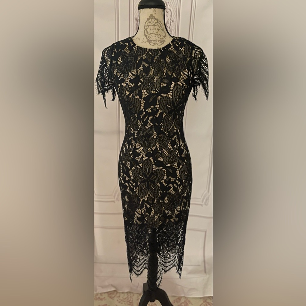 “love, Fire” Black Lace Bodycon Midi Dress, Size S/P
